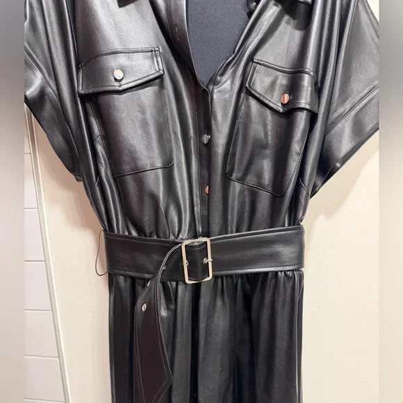 Faux Leather Dress With Pleated Skirt - Picture 7 of 8